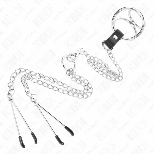 KINK - ANILLO PENE TRIPLE METAL CROMADO 3 CM A 4.5 CM CON CADENA METAL 26 CM Y PINZAS PARA PEZONES - Imagen 4