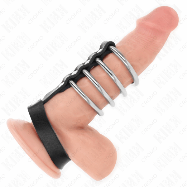 KINK - 4 ANILLOS PENE METAL 3.8 CM CONECTADOS CON CORREA DE CUERO 22 X 1.5 CM Y CIERRE A PRESIÓN - Imagen 2